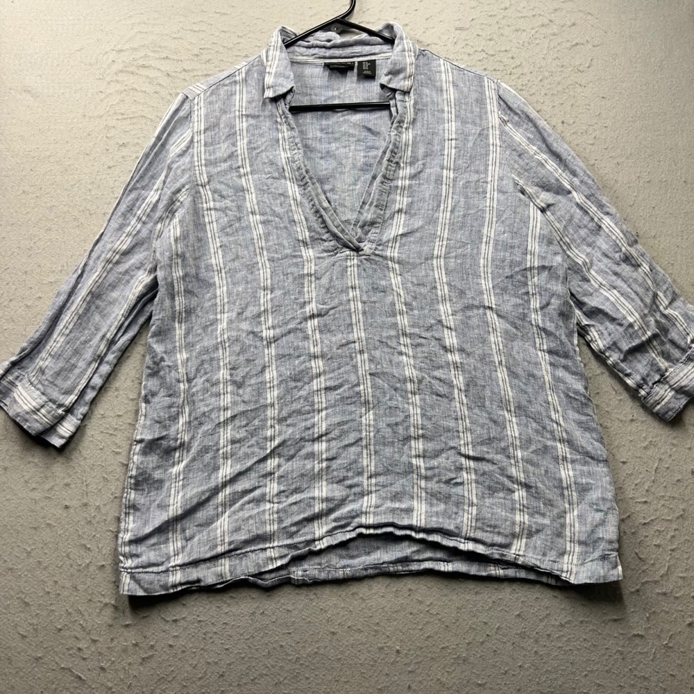Tahari 100% Linen Striped V-Neck Blouse Blue White 3/4 Sleeve Top Mens Size M